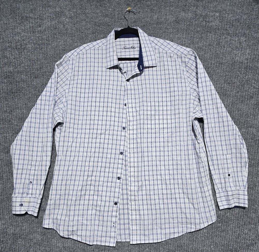 Tasso Elba Men's Blue and White Plaid Long Sleeve Dress Shirt (001)